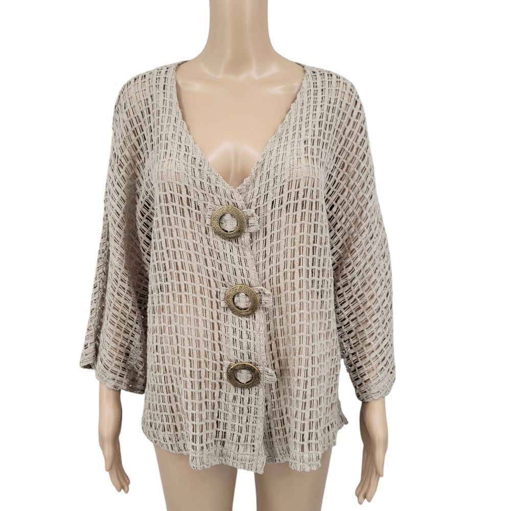 Keren Hart Cotton Fishing Net Knit Cardigan Oversized Button Accents Lagenlook